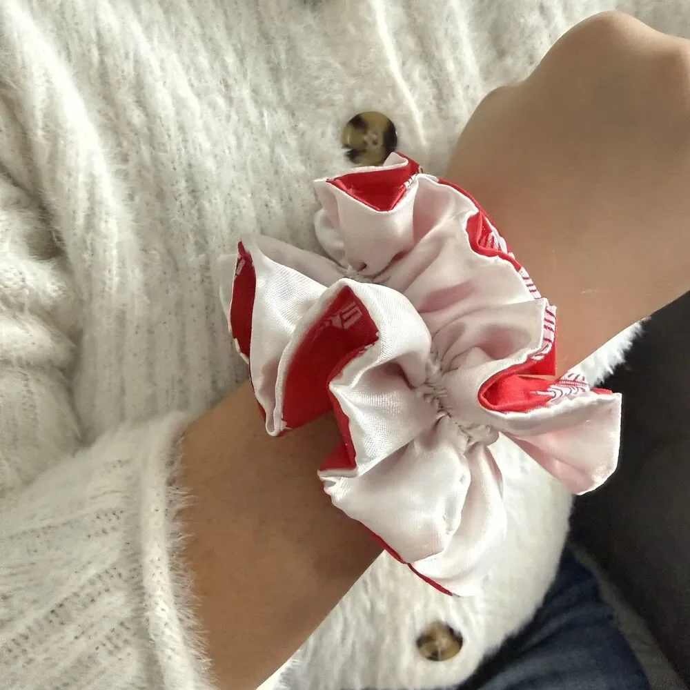 Handmade Red & Cream Scrunchie Hair Tie Ruffled Elastic Ponytail Holder